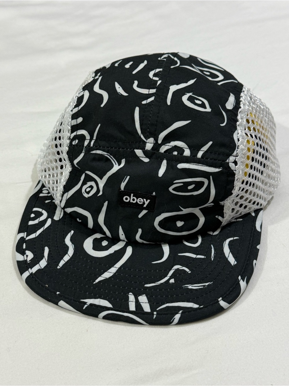 OBEY Black White Abstract Print Mesh Panel Adjustable Baseball Cap